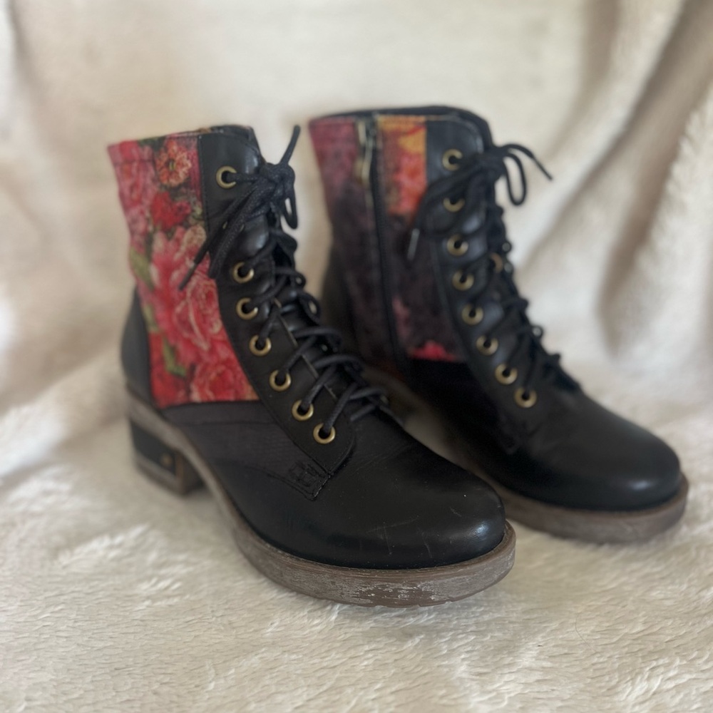 Flower Combat Moto Boots with Patterned Textile